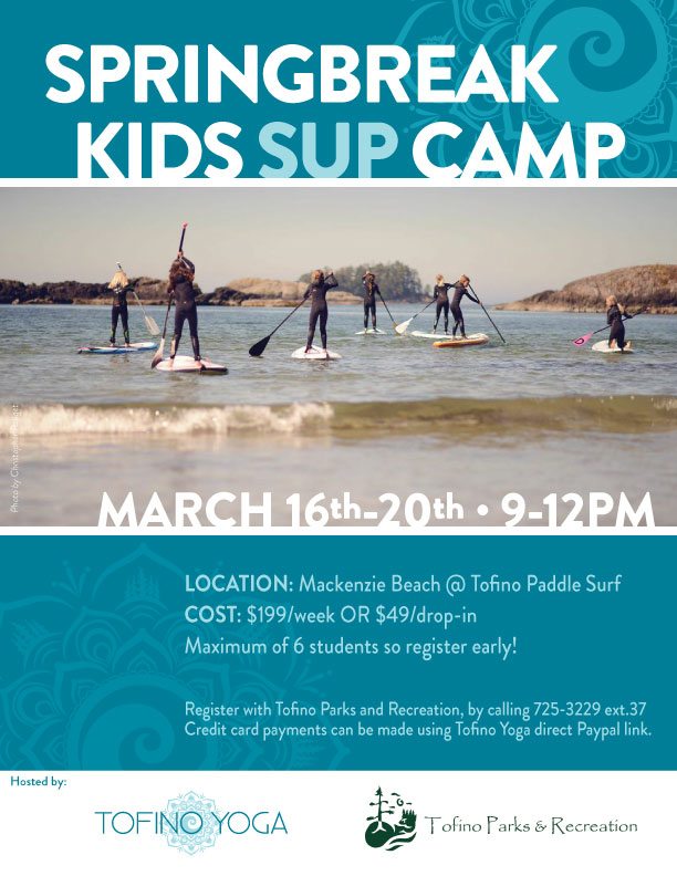 Poster showing the details of tofino yoga SUP camp